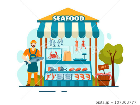 Seafood Market Stall Vector Illustration with Fresh Fish Products such as Octopus, Clams, Shrimp and Lobster in Flat Cartoon Background Design Seafood Market Stall Vector Illustration with Fresh Fish Products such as Octopus, Clams, Shrimp and Lobster in Flat Cartoon Background Design 107303777