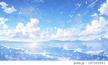 アニメ調の夏の爽やかな青空と海「AI生成画像」 107303941
