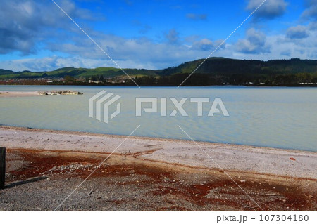 ニュージーランド北島の大地熱地帯、ロトルア湖の沿岸 ニュージーランド北島の大地熱地帯、ロトルア湖の沿岸 107304180