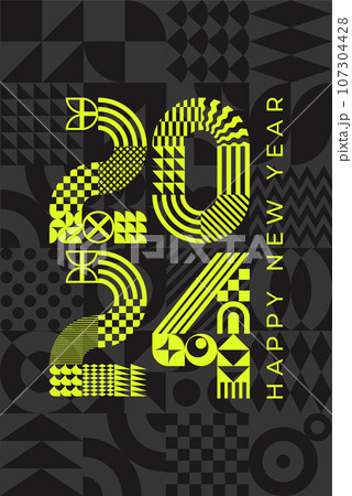 2024 modern geometric lettering New Year card. Memphis style 2024 modern geometric lettering New Year card. Memphis style 107304428