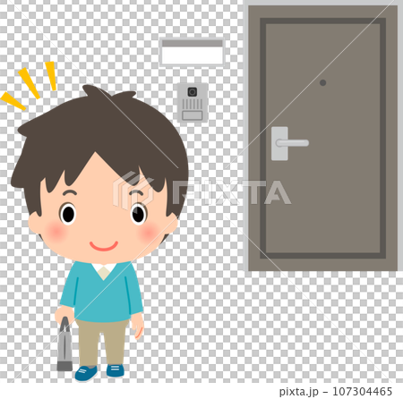 一個男人從房子的前門離開，出去 107304465