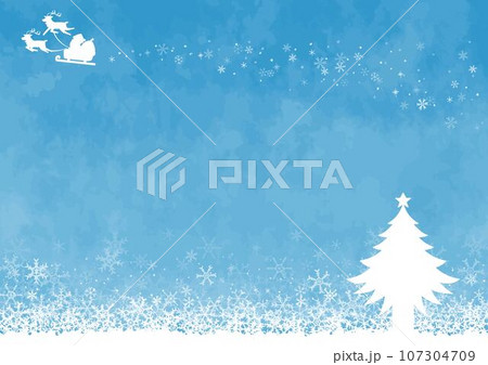 ソリに乗ったサンタクロースとクリスマスツリーと綺麗な雪景色 107304709