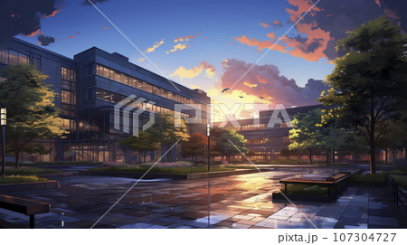 美しい夕日と学校の校舎「AI生成画像」 107304727