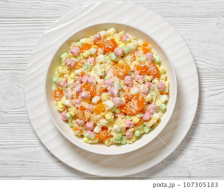 Ambrosia Salad in white bowl, top view Ambrosia Salad in white bowl, top view 107305183