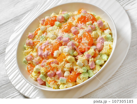 Ambrosia Salad in white bowl, top view Ambrosia Salad in white bowl, top view 107305185