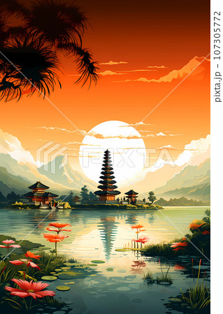 Illustration of a beautiful view of Ulun Danu, Bali, Indonesia Illustration of a beautiful view of Ulun Danu, Bali, Indonesia 107305772