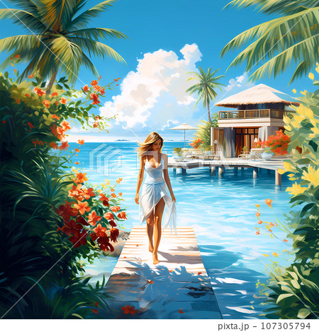 Illustration of a beautiful woman on vacation on a tropical island 107305794