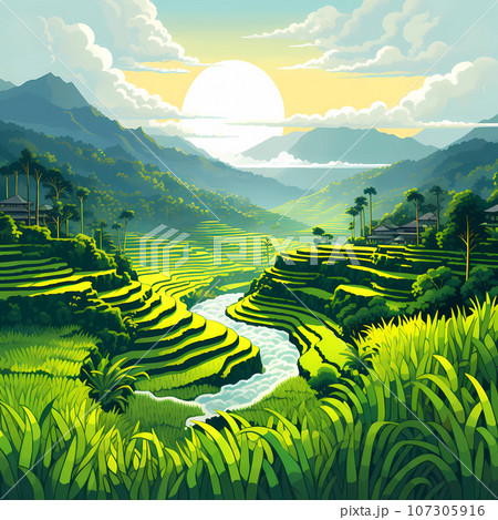 Illustration of the beautiful view of traditional rice terraces Illustration of the beautiful view of traditional rice terraces 107305916
