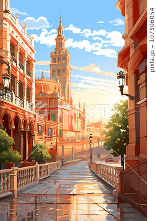 Illustration of beautiful view of the city of Sevilla, Spain 107306054
