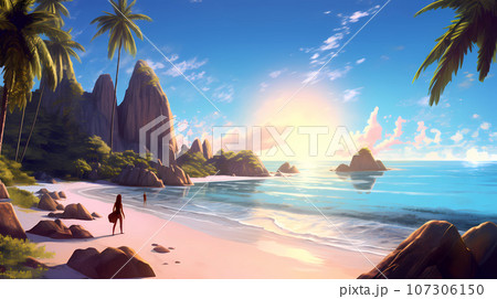 Illustration of a beautiful tropical island with a beach and palm trees Illustration of a beautiful tropical island with a beach and palm trees 107306150