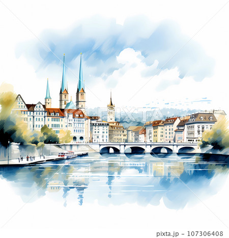 Illustration of beautiful view of the city of Zurich, Switzerland Illustration of beautiful view of the city of Zurich, Switzerland 107306408