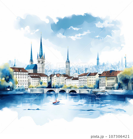 Illustration of beautiful view of the city of Zurich, Switzerland 107306421