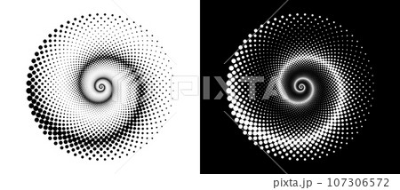 Circle with halftone black dots as advertising background or logo or icon. A black figure on a white background and an equally white figure on the black side. 107306572