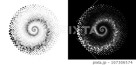 Circle with halftone black dots as advertising background or logo or icon. A black figure on a white background and an equally white figure on the black side. 107306574