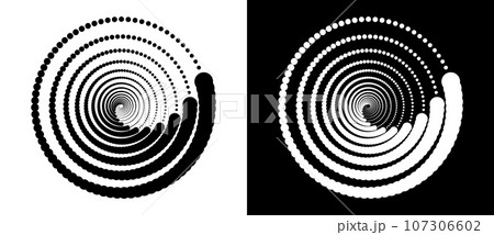 Circle with halftone black dots as advertising background or logo or icon. A black figure on a white background and an equally white figure on the black side. Circle with halftone black dots as advertising background or logo or icon. A black figure on a white background and an equally white figure on the black side. 107306602