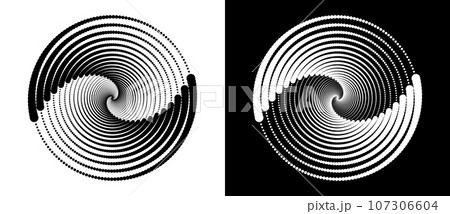 Circle with halftone black dots as advertising background or logo or icon. A black figure on a white background and an equally white figure on the black side. 107306604