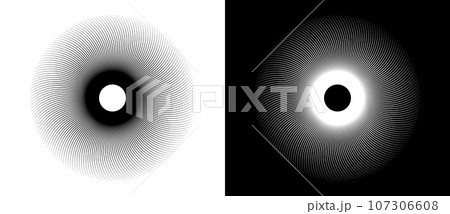 Abstract background with lines in circle. Art lines design spiral as logo or icon. Black lines on a white background and white lines on the black side. Abstract background with lines in circle. Art lines design spiral as logo or icon. Black lines on a white background and white lines on the black side. 107306608