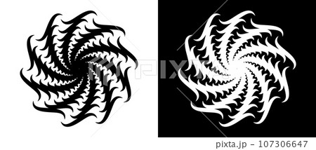 Abstract background with wavy lines in circle. Art design spiral as logo or icon. A black figure on a white background and an equally white figure on the black side. Abstract background with wavy lines in circle. Art design spiral as logo or icon. A black figure on a white background and an equally white figure on the black side. 107306647