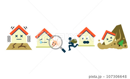 地震・白アリ・盗難・土砂崩れの災害にあう家のベクターアイコンセット 地震・白アリ・盗難・土砂崩れの災害にあう家のベクターアイコンセット 107306648