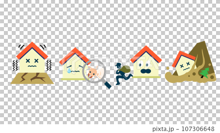 地震・白アリ・盗難・土砂崩れの災害にあう家のベクターアイコンセット 地震・白アリ・盗難・土砂崩れの災害にあう家のベクターアイコンセット 107306648