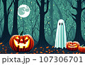 ハロウィン。暗い森とパンプキン（ジャックオーランタン）とおばけの背景　生成AI画像 107306701