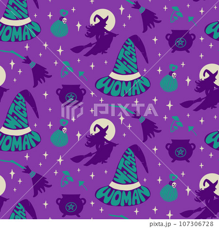 Witchy pattern with Halloween groovy lettering 107306728