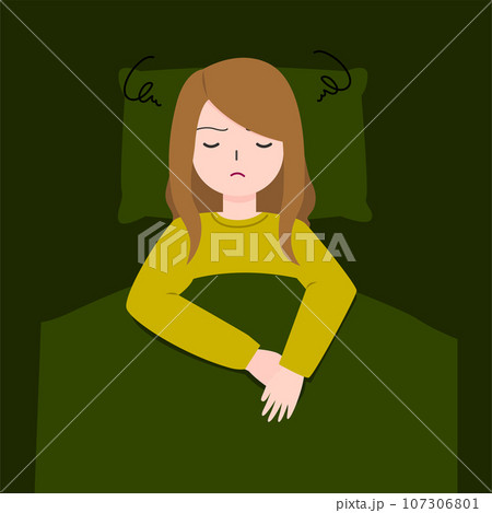 Girl or woman can not sleep and depressed in bed. Mental disorder, loliness, anxiety illustration Girl or woman can not sleep and depressed in bed. Mental disorder, loliness, anxiety illustration 107306801