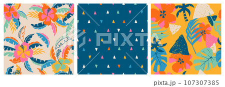 Set of hand drawn tropical flowers, seamless patterns with floral for fabric, textiles, clothing, wrapping paper, cover, banner, interior decor, backgrounds. colorful botanical illustration. 107307385