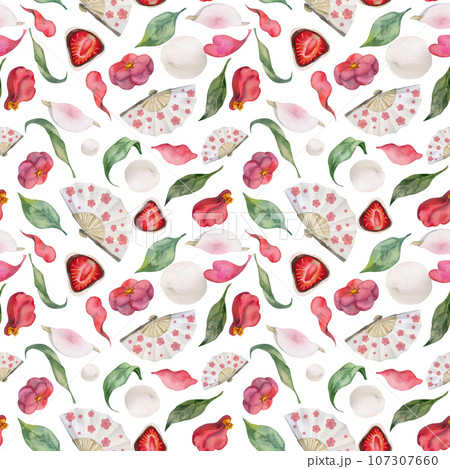 Watercolor seamless pattern with hand drawn traditional Japanese sweets. Wagashi, mochi, camellia flowers. Isolated on white background. Invitations, restaurant menu, greeting cards, print, textile Watercolor seamless pattern with hand drawn traditional Japanese sweets. Wagashi, mochi, camellia flowers. Isolated on white background. Invitations, restaurant menu, greeting cards, print, textile 107307660