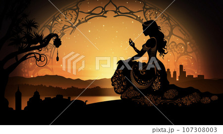 童話の美しいお姫様と城のシルエット　AI画像 107308003