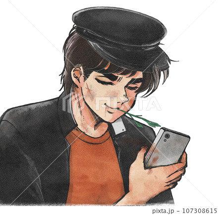 昭和の男前な学ラン番長がスマホを持つイラスト 107308615