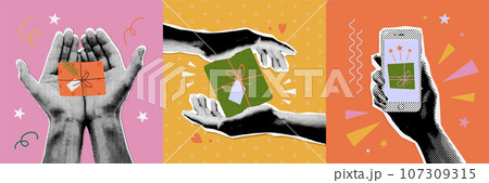 Set of greeting cards in flat retro style with mixed media halftone stickers. Collage cutout paper hands holding decorated gift boxes and phone with online gift. Vector eps10 illustration. Set of greeting cards in flat retro style with mixed media halftone stickers. Collage cutout paper hands holding decorated gift boxes and phone with online gift. Vector eps10 illustration. 107309315