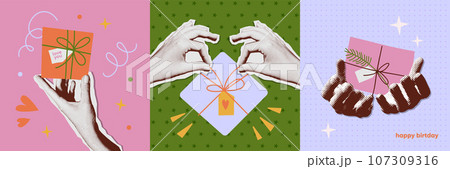 Happy birthday vintage greeting cards set. Cozy gift boxes n halftone collage hands. Collage and doodle retro style. Offset textured vector illustration Happy birthday vintage greeting cards set. Cozy gift boxes n halftone collage hands. Collage and doodle retro style. Offset textured vector illustration 107309316