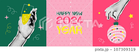 2024 New year greeting cards set with retro halftone collage elements - hands holding champagne glass and mirror ball. Trendy halftone mixed media 90s style. Happy New Year vector banner. 107309319