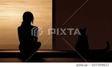 lonely girl silhouette sitting opposite the wall together with cat, loneliness concept, love pet, sublimation lonely girl silhouette sitting opposite the wall together with cat, loneliness concept, love pet, sublimation 107309627