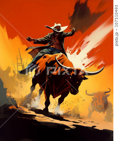 Illustration of a bull and a man fighting Illustration of a bull and a man fighting 107310493