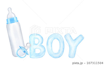 Blue milk bottle and pacifier, text. Newborn boy. Hand drawn watercolor illustration isolated on white background. Gender reveal party, baby shower 107311504