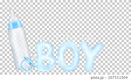 Blue milk bottle and pacifier, text. Newborn boy. Hand drawn watercolor illustration isolated on white background. Gender reveal party, baby shower 107311504