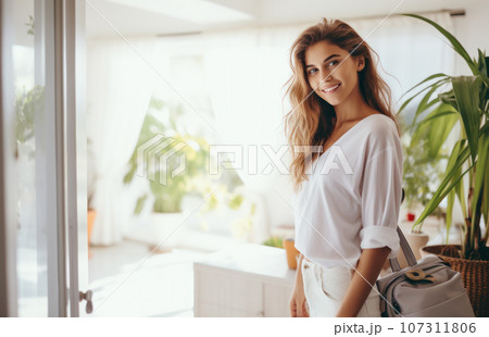 Happy young woman at holiday trip, Generative Ai 107311806