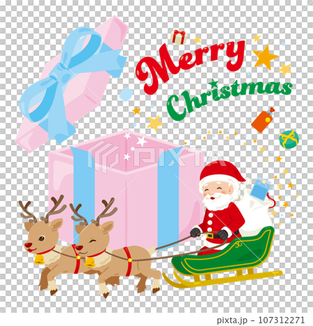 Santa Claus coming out of a present box with text 107312271