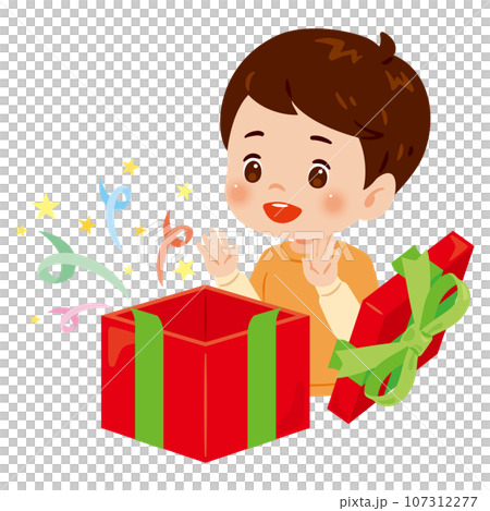 A child is happy after opening a gift box A child is happy after opening a gift box 107312277