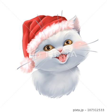 Cute white cat in Santa hat. Christmas illustration Cute white cat in Santa hat. Christmas illustration 107312533