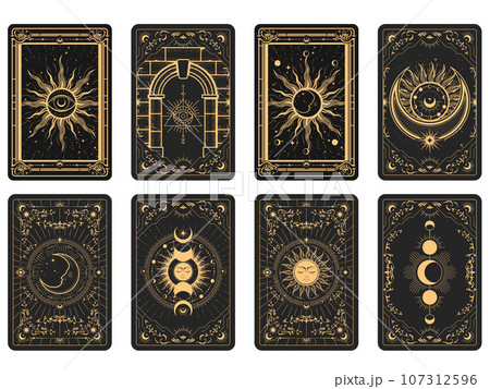 Tarot cards batch reverse side, magic frame with esoteric patterns and mystic symbols, sun and moon sorcery, vector Tarot cards batch reverse side, magic frame with esoteric patterns and mystic symbols, sun and moon sorcery, vector 107312596