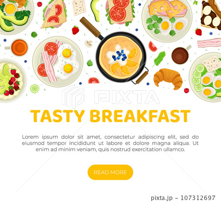 Breakfast Tasty Food Banner Design with Served Meal Vector Template 107312697