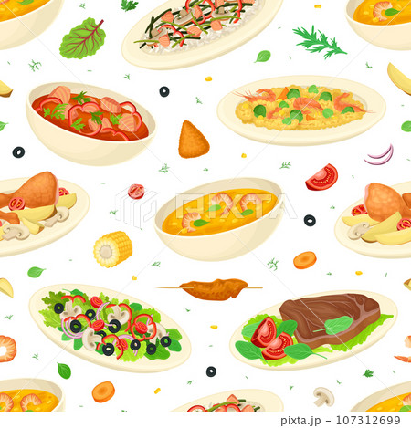Brazilian Food and Dish Seamless Pattern Design with Served Meal Vector Template 107312699