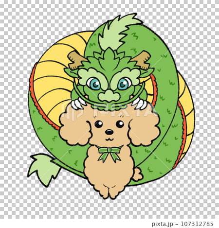 New Year's card material with green dragon and brown toy poodle 107312785