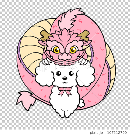 New Year's card material with pink dragon and white toy poodle New Year's card material with pink dragon and white toy poodle 107312790