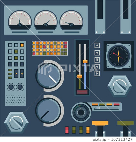 Control panel with buttons and knobs, vectors 107313427