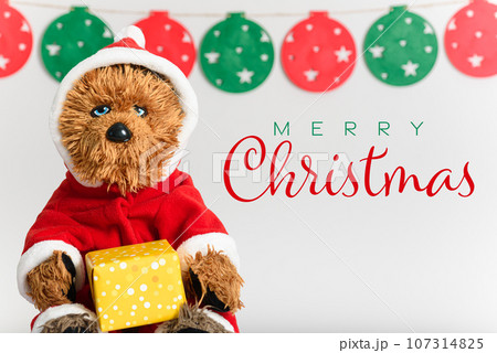 Funny teddy bear in Santa Claus suit with Christmas present 107314825