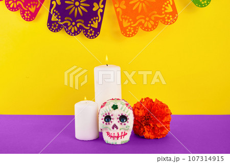 Day of the dead. Dia De Los Muertos celebration background. Sugar Skull, marigolds or cempasuchil flowers. 107314915